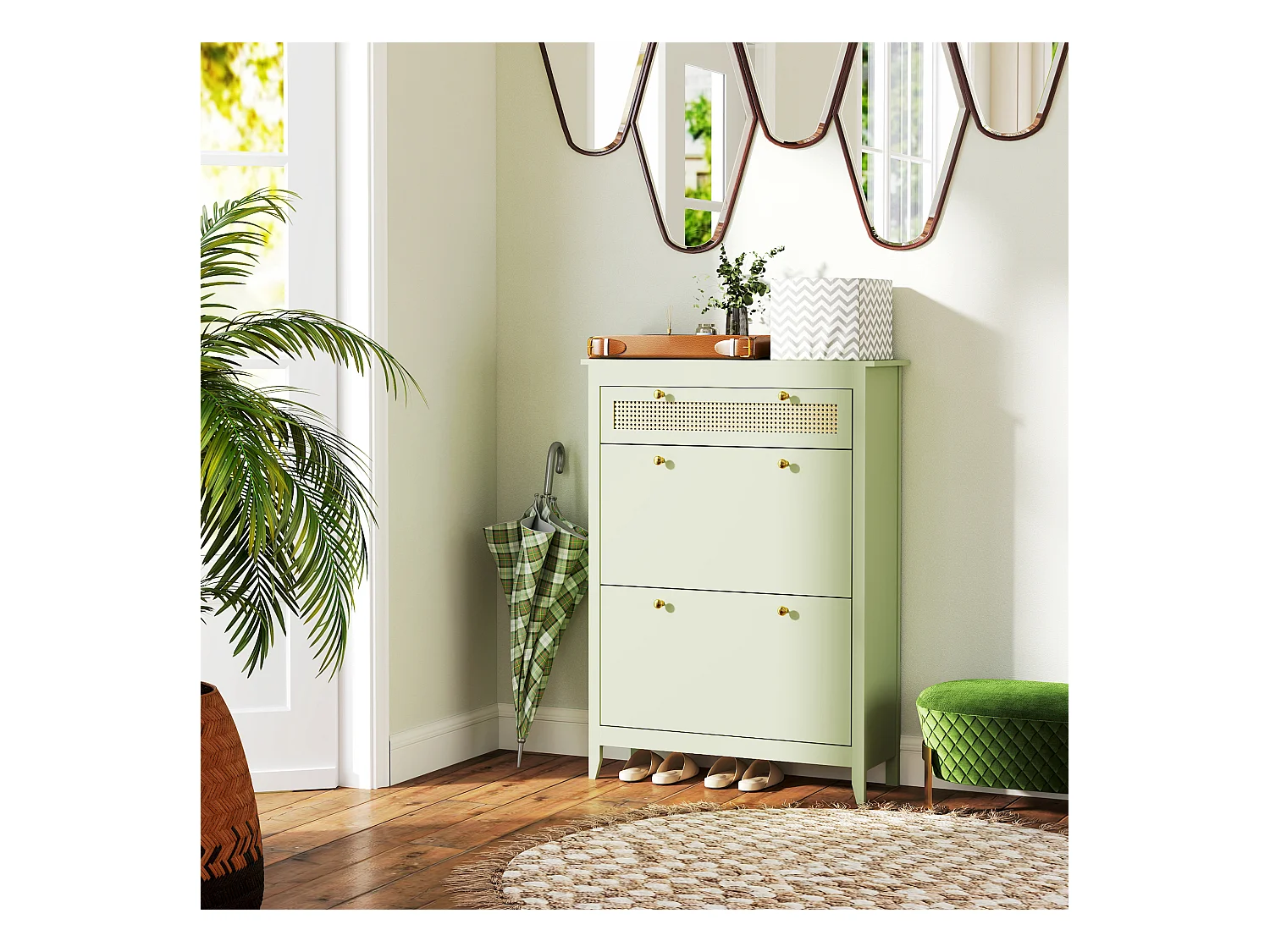 Meuble à chaussures, avec 2 clapets et 1 tiroir, en MDF, vert (88x30x120 cm)