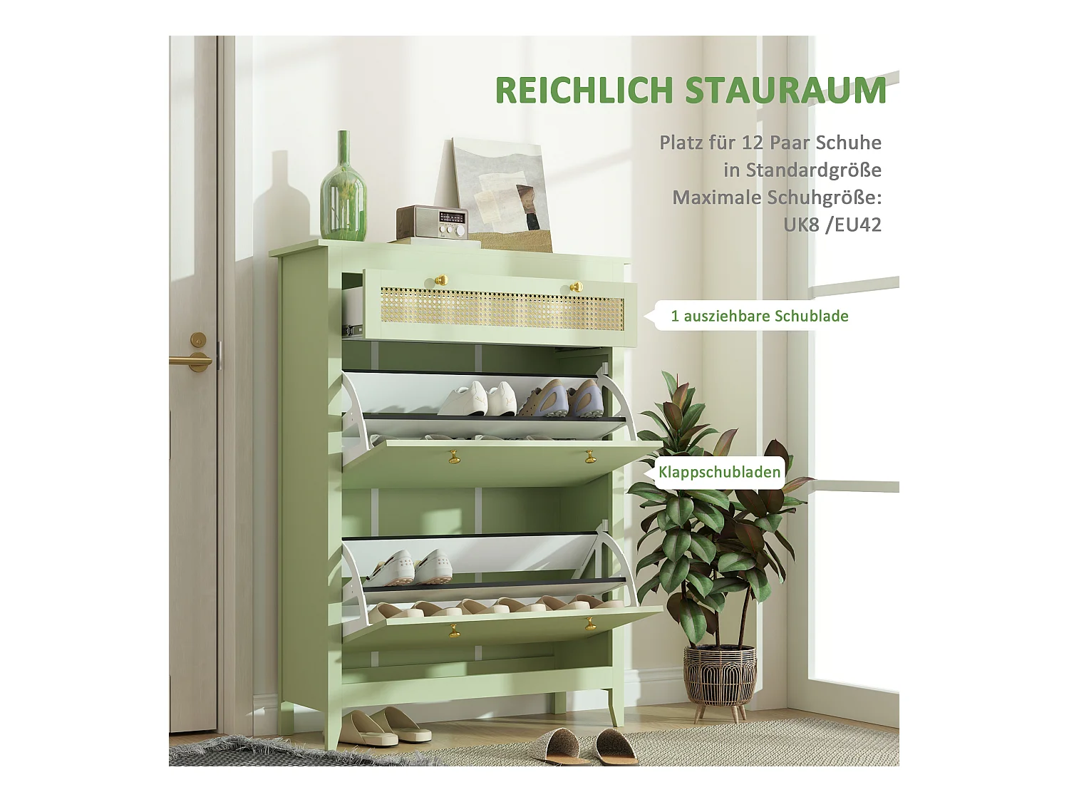 Meuble à chaussures, avec 2 clapets et 1 tiroir, en MDF, vert (88x30x120 cm)