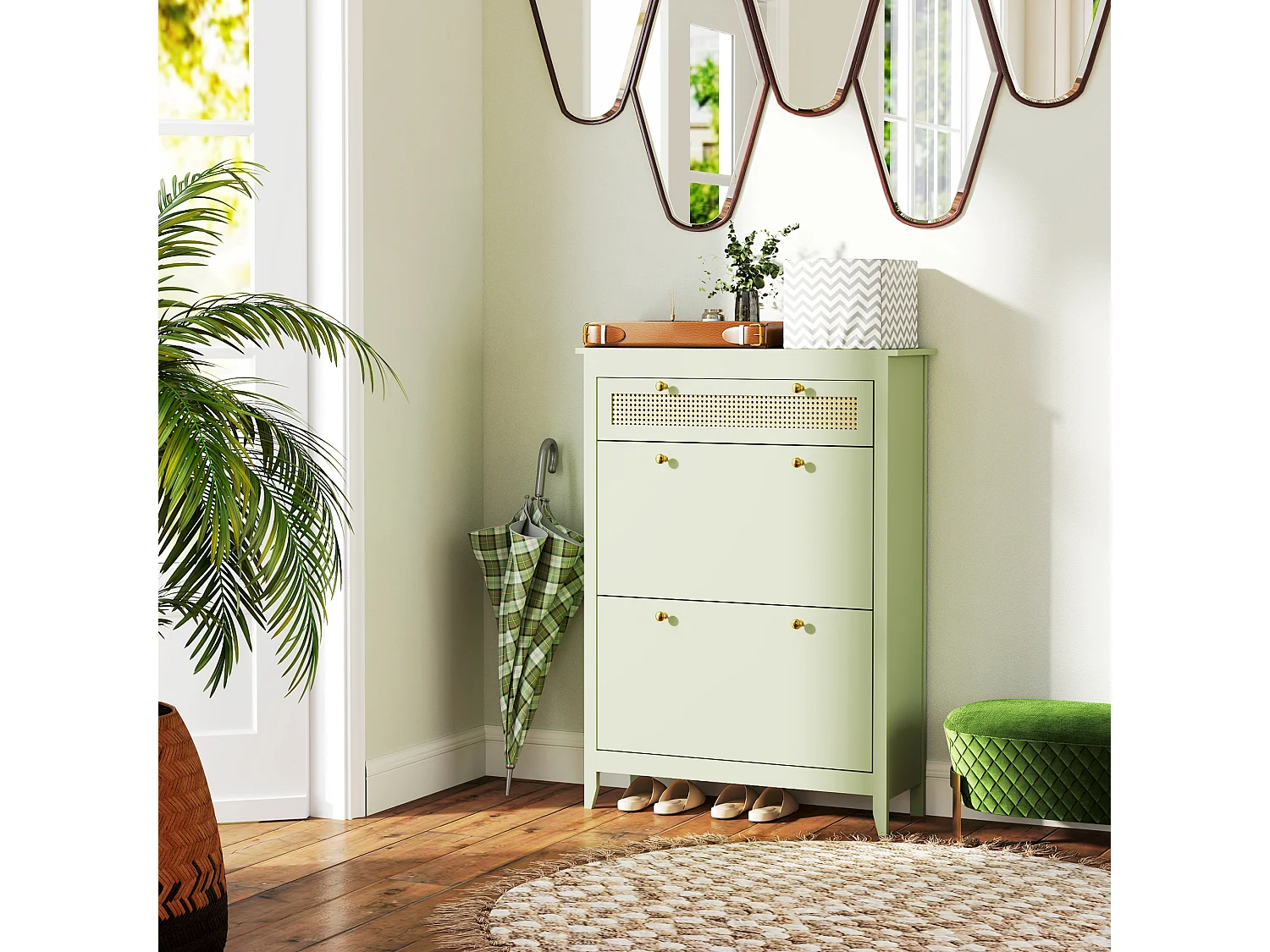 Meuble à chaussures, avec 2 clapets et 1 tiroir, en MDF, vert (88x30x120 cm)