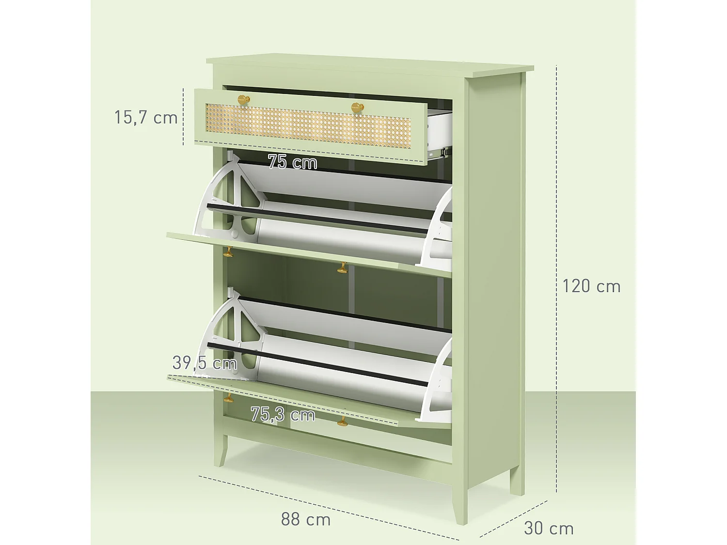 Meuble à chaussures, avec 2 clapets et 1 tiroir, en MDF, vert (88x30x120 cm)