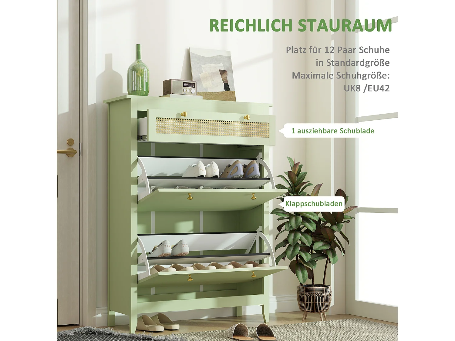 Meuble à chaussures, avec 2 clapets et 1 tiroir, en MDF, vert (88x30x120 cm)