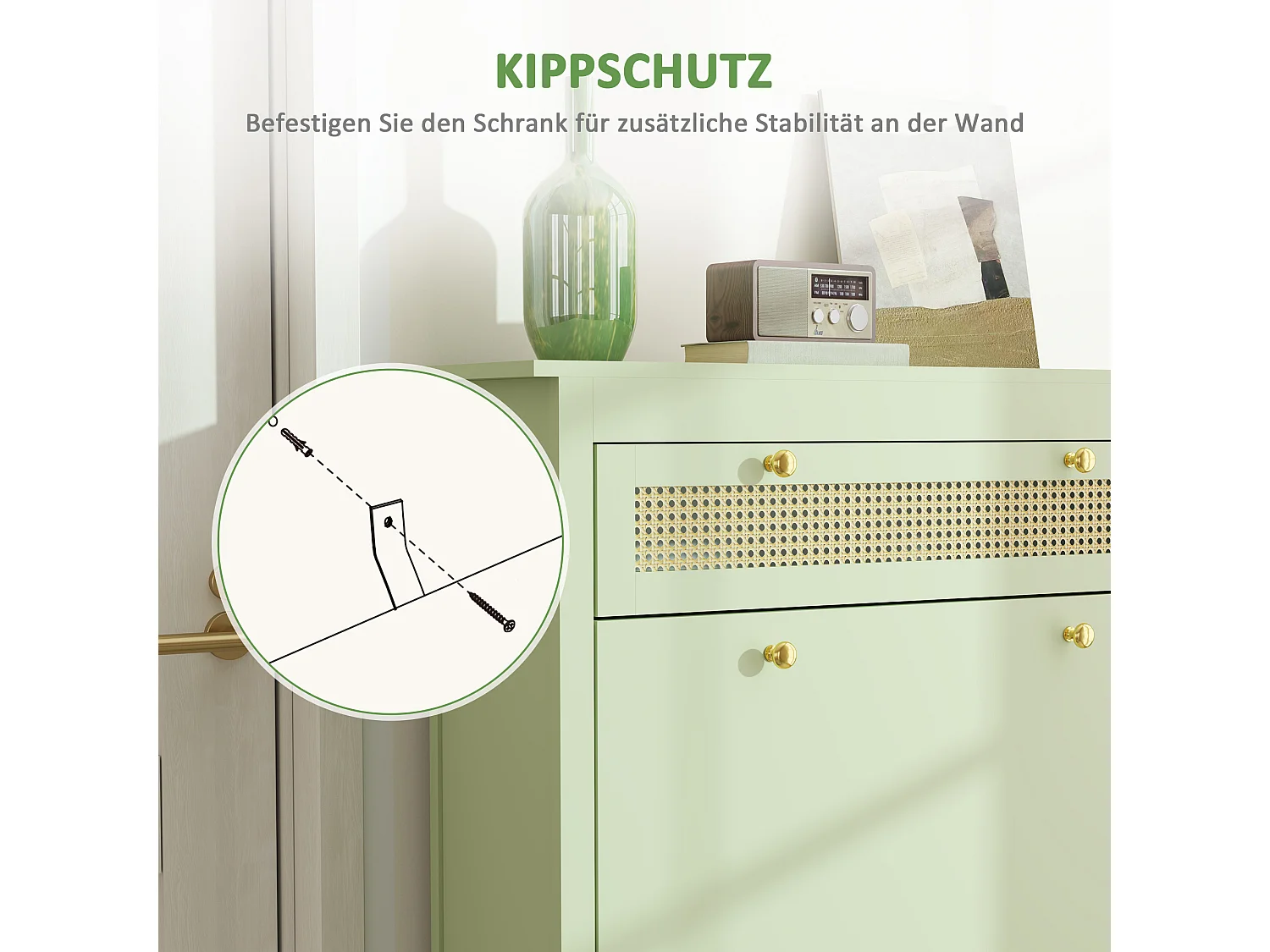 Meuble à chaussures, avec 2 clapets et 1 tiroir, en MDF, vert (88x30x120 cm)