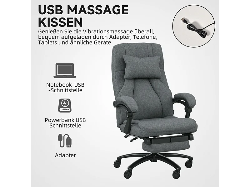 Fauteuil de bureau avec massage, inclinable, tissu en lin, gris, (64x74x109-117 cm)