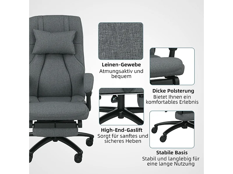 Fauteuil de bureau avec massage, inclinable, tissu en lin, gris, (64x74x109-117 cm)
