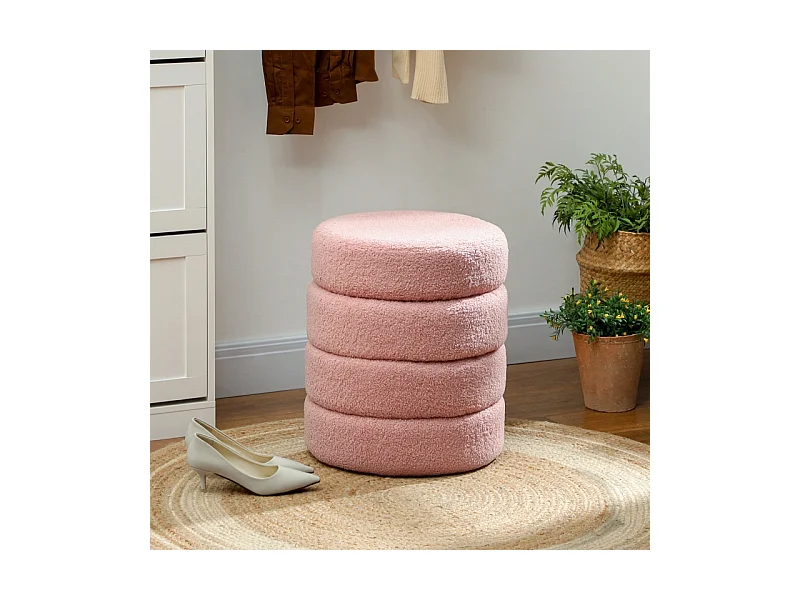 Hocker rond, Teddyfleece, facile à déplacer, jusqu'à 120kg, Rose (Φ40x45 cm)