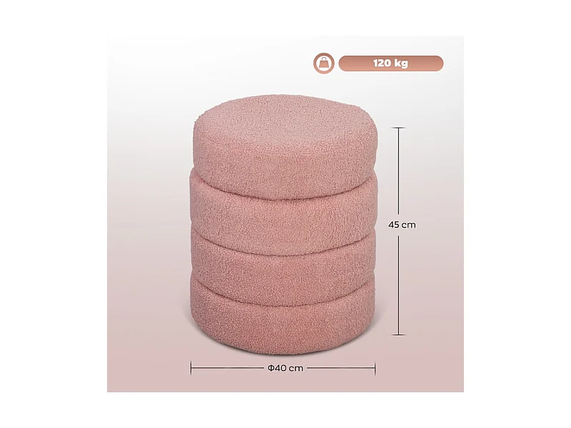 Hocker rond, Teddyfleece, facile à déplacer, jusqu'à 120kg, Rose (Φ40x45 cm)