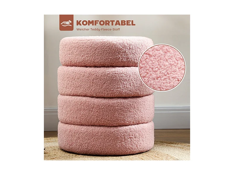 Hocker rond, Teddyfleece, facile à déplacer, jusqu'à 120kg, Rose (Φ40x45 cm)