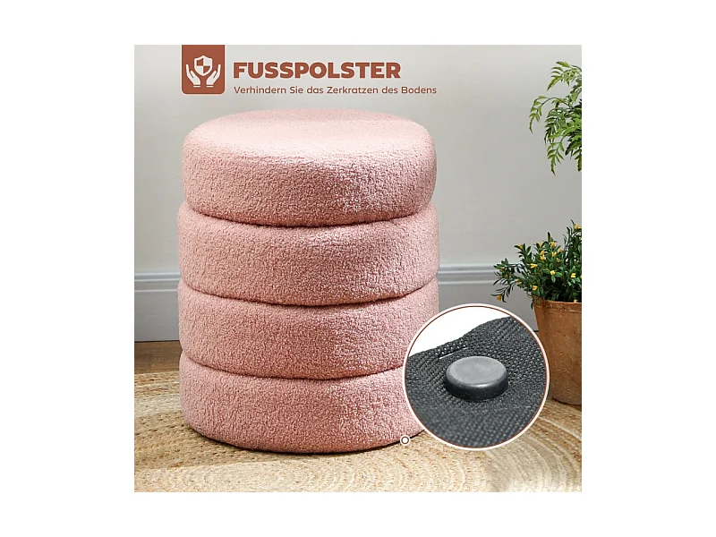 Hocker rond, Teddyfleece, facile à déplacer, jusqu'à 120kg, Rose (Φ40x45 cm)
