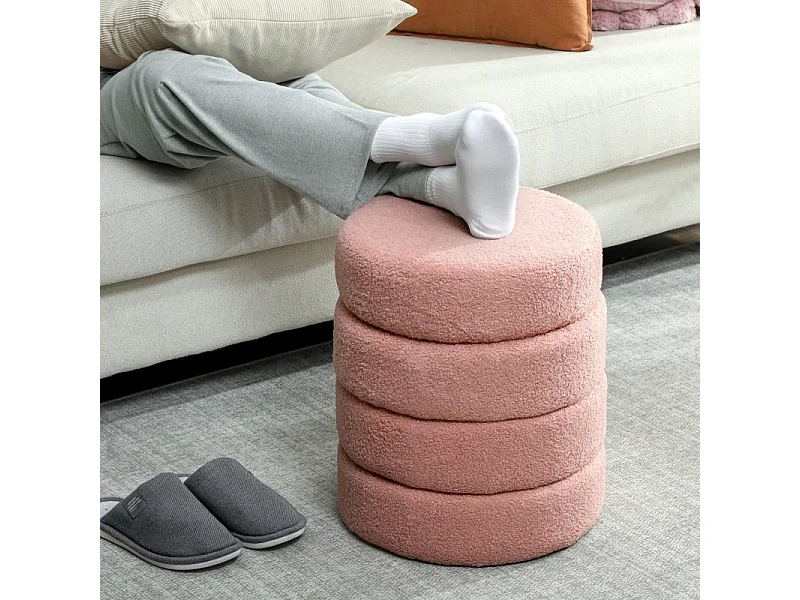 Hocker rond, Teddyfleece, facile à déplacer, jusqu'à 120kg, Rose (Φ40x45 cm)