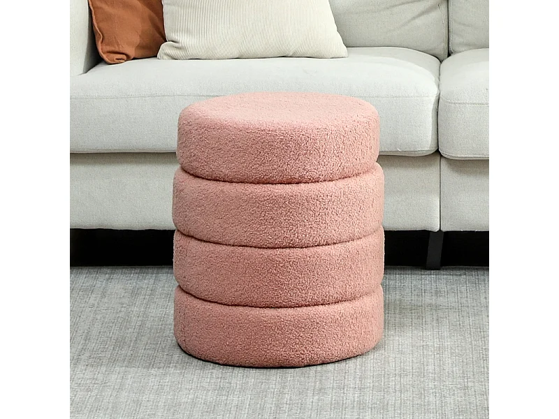Hocker rond, Teddyfleece, facile à déplacer, jusqu'à 120kg, Rose (Φ40x45 cm)