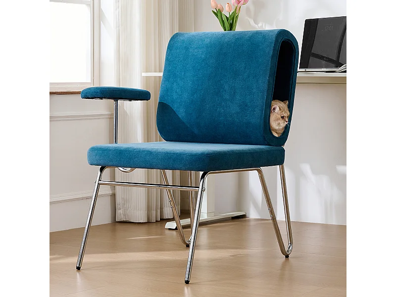 Chaise de bureau avec lit pour chat intégré, design ergonomique, tissu, acier et bois, bleu (77x70x89 cm)