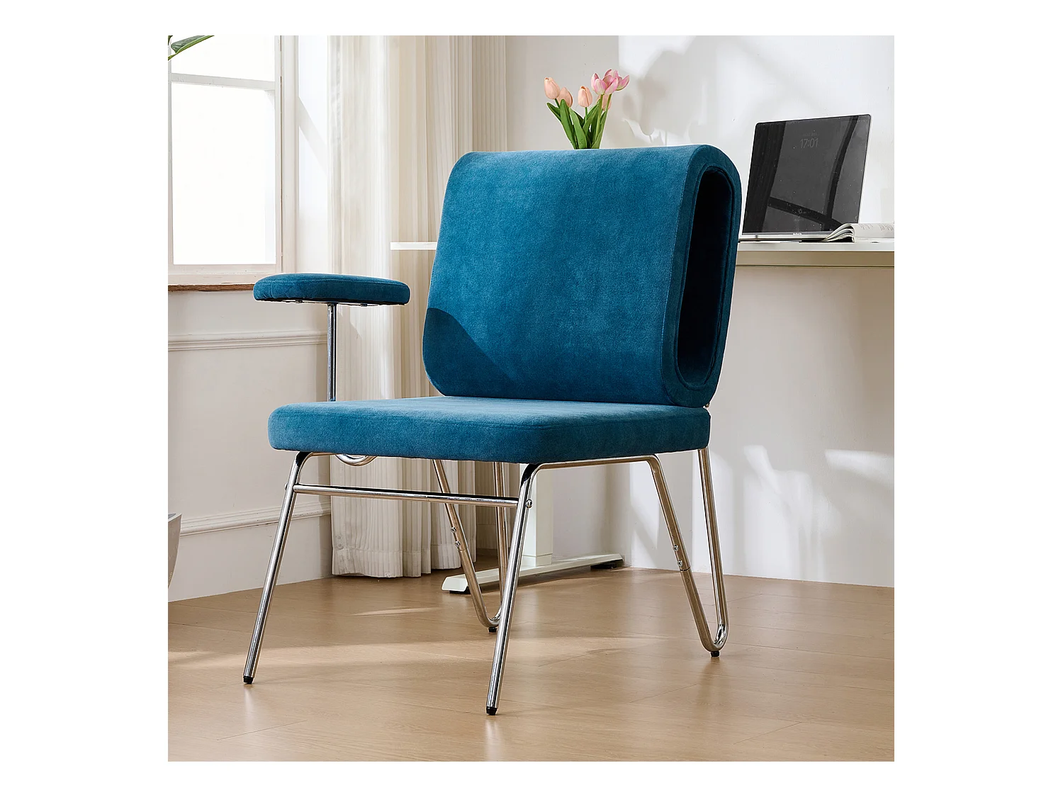 Chaise de bureau avec lit pour chat intégré, design ergonomique, tissu, acier et bois, bleu (77x70x89 cm)