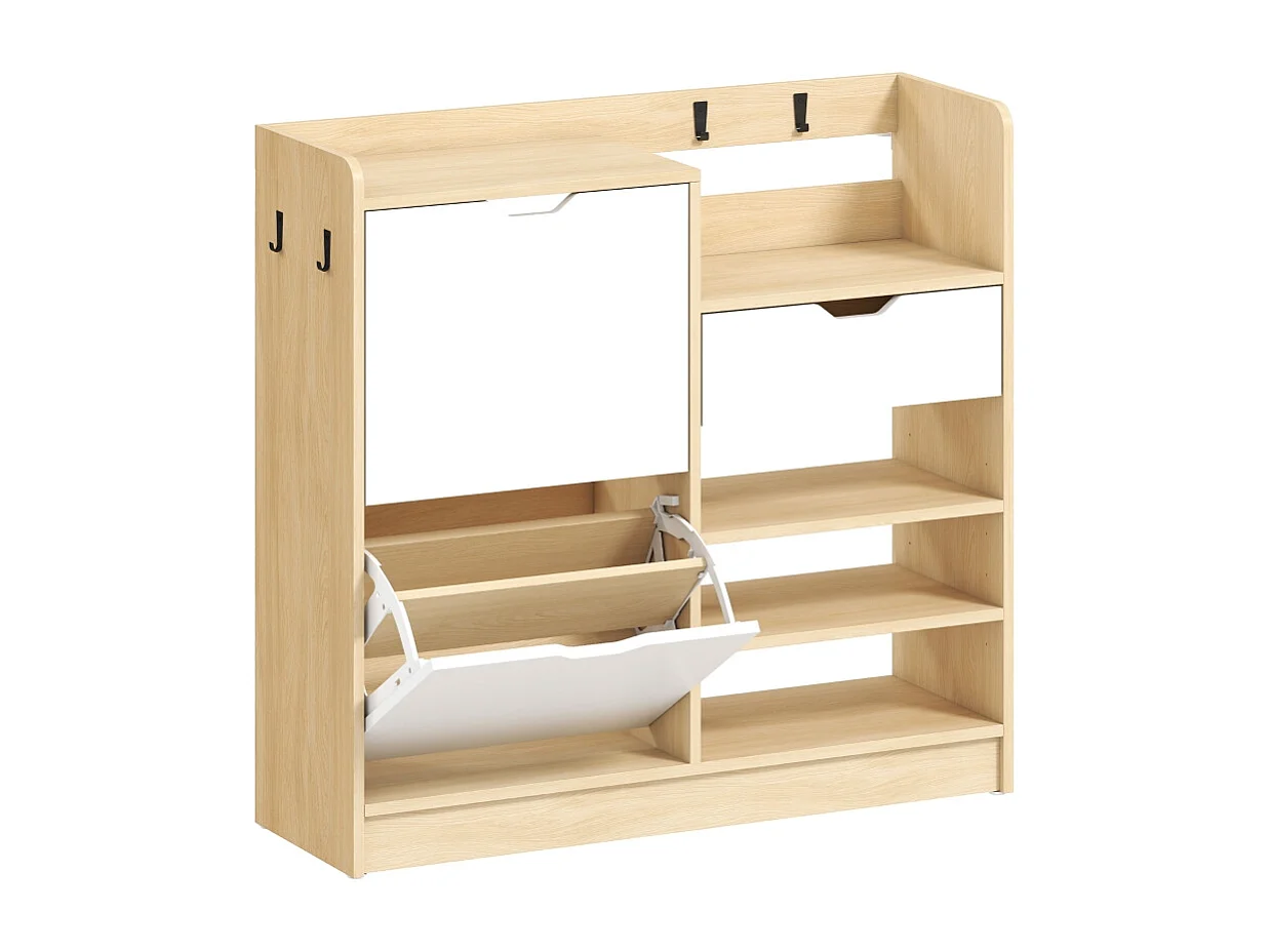 Scarpiera con ripiani e cassetti, in legno MDF e finitura naturale, (93x30x90 cm)