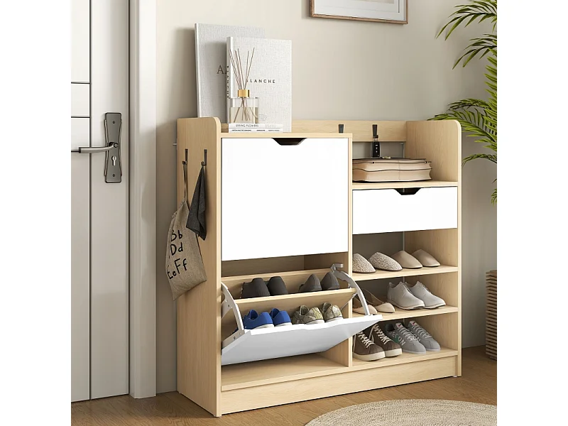 Scarpiera con ripiani e cassetti, in legno MDF e finitura naturale, (93x30x90 cm)