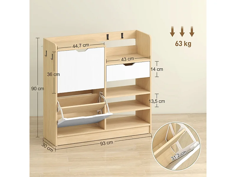 Scarpiera con ripiani e cassetti, in legno MDF e finitura naturale, (93x30x90 cm)