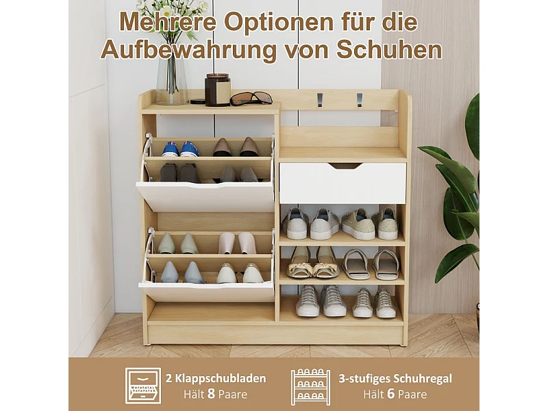 Scarpiera con ripiani e cassetti, in legno MDF e finitura naturale, (93x30x90 cm)