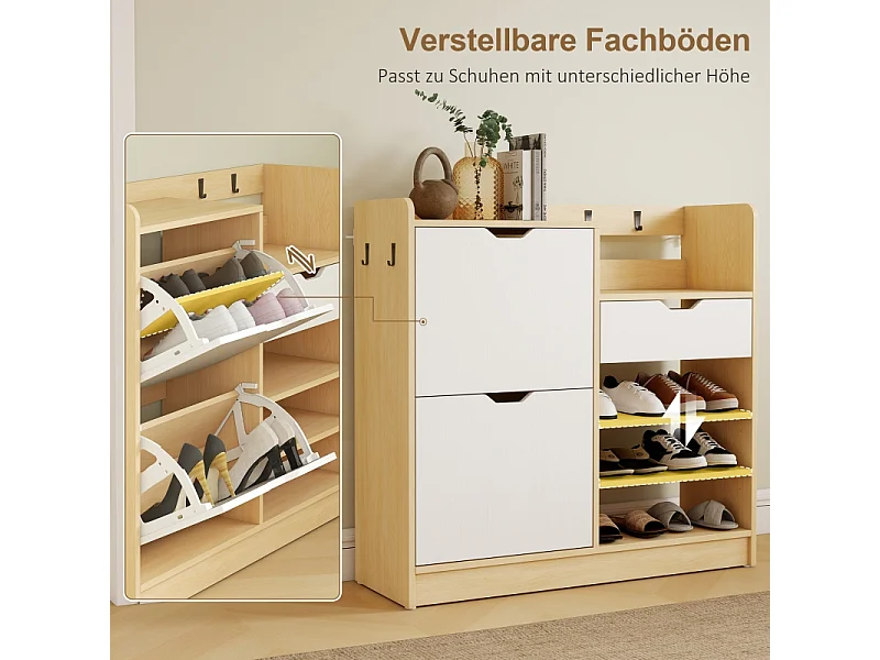 Scarpiera con ripiani e cassetti, in legno MDF e finitura naturale, (93x30x90 cm)