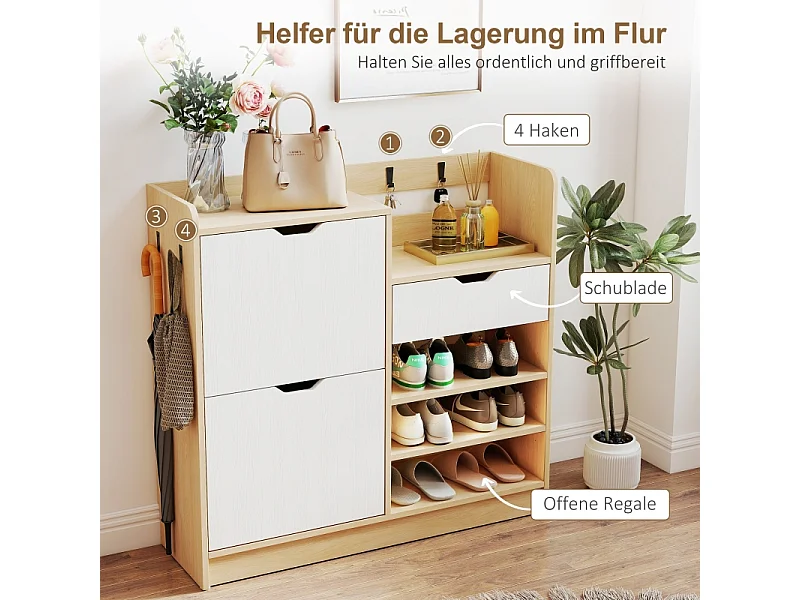 Scarpiera con ripiani e cassetti, in legno MDF e finitura naturale, (93x30x90 cm)