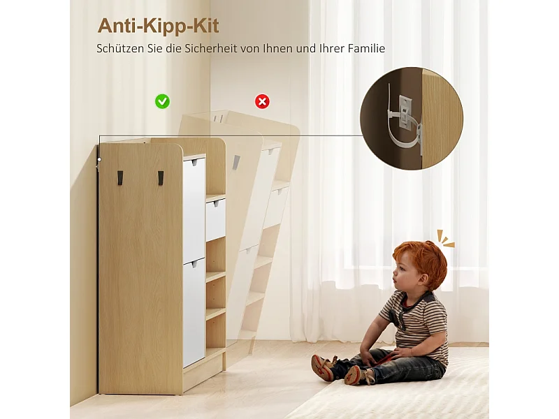 Scarpiera con ripiani e cassetti, in legno MDF e finitura naturale, (93x30x90 cm)