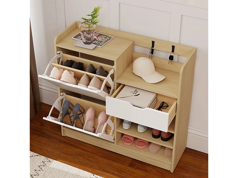 Scarpiera con ripiani e cassetti, in legno MDF e finitura naturale, (93x30x90 cm)