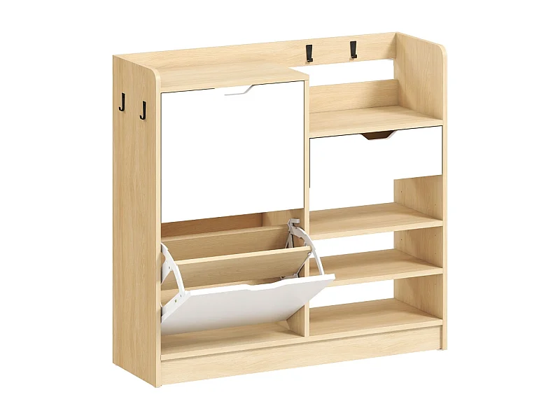 Scarpiera con ripiani e cassetti, in legno MDF e finitura naturale, (93x30x90 cm)