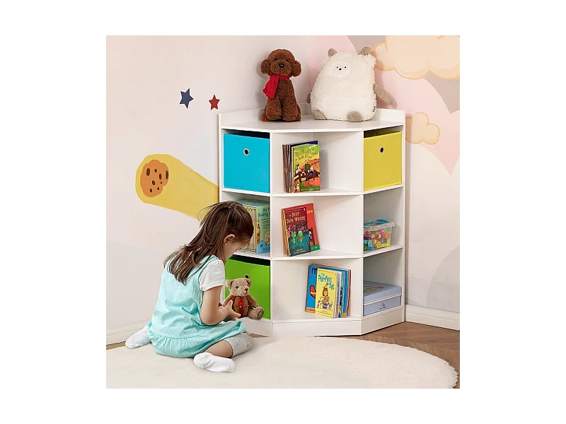 Bibliothèque d'angle enfant avec 3 boîtes de rangement, MDF, blanc, pour enfants de 3 à 12 ans (57.4x57.4x94 cm)