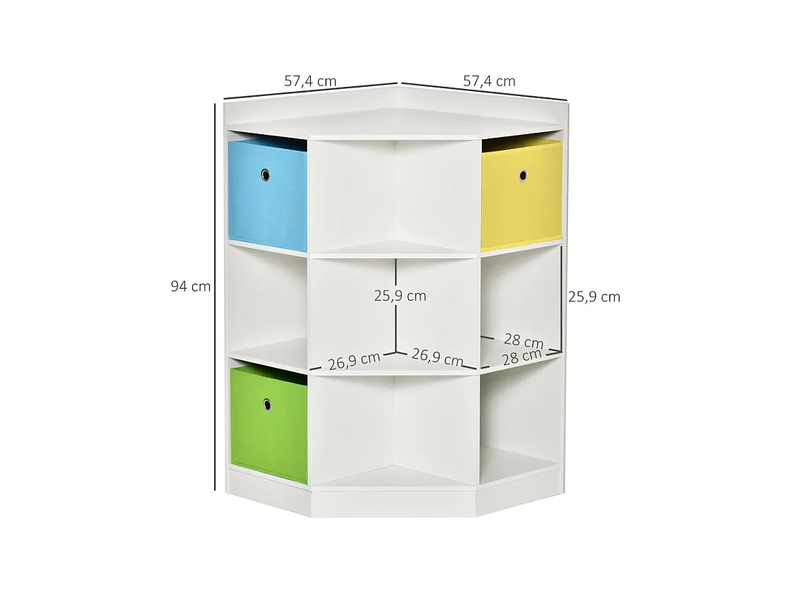 Bibliothèque d'angle enfant avec 3 boîtes de rangement, MDF, blanc, pour enfants de 3 à 12 ans (57.4x57.4x94 cm)