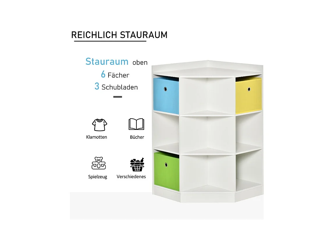 Bibliothèque d'angle enfant avec 3 boîtes de rangement, MDF, blanc, pour enfants de 3 à 12 ans (57.4x57.4x94 cm)