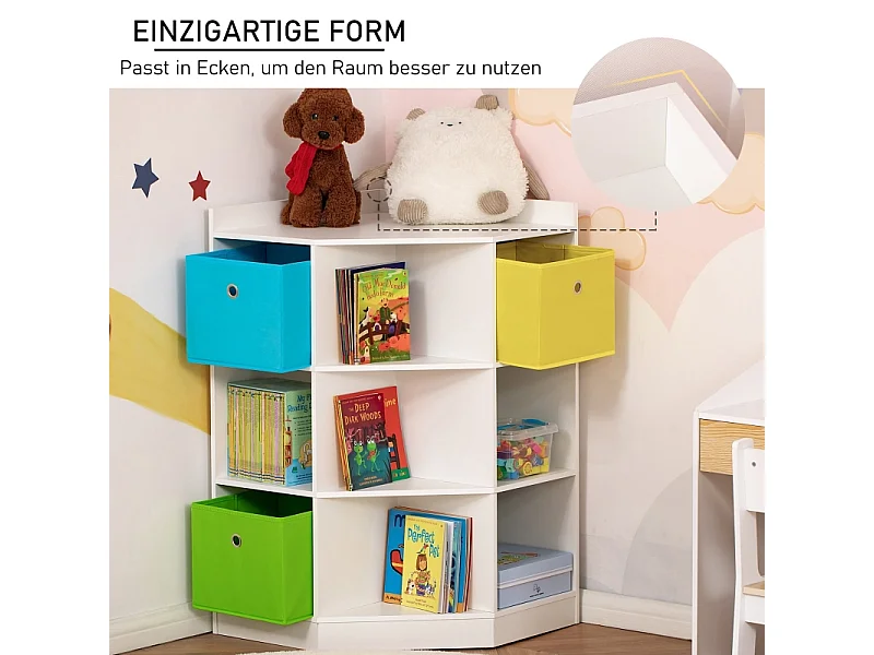 Bibliothèque d'angle enfant avec 3 boîtes de rangement, MDF, blanc, pour enfants de 3 à 12 ans (57.4x57.4x94 cm)