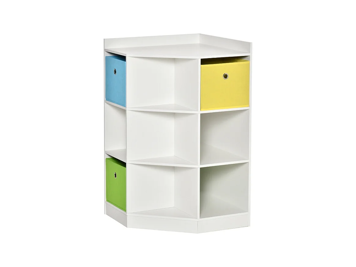 Bibliothèque d'angle enfant avec 3 boîtes de rangement, MDF, blanc, pour enfants de 3 à 12 ans (57.4x57.4x94 cm)