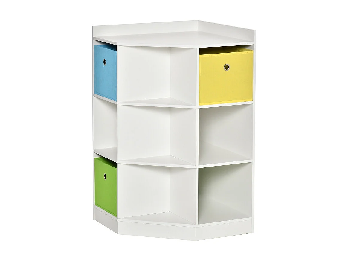 Libreria angolare per bambini con 3 contenitori, MDF, bianca, per bambini dai 3 ai 12 anni (57,4x57,4x94 cm)