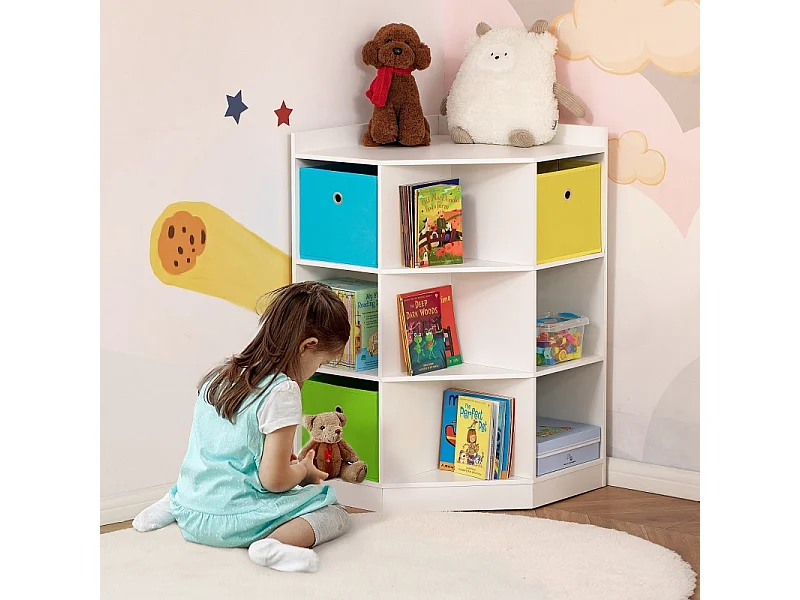 Libreria angolare per bambini con 3 contenitori, MDF, bianca, per bambini dai 3 ai 12 anni (57,4x57,4x94 cm)