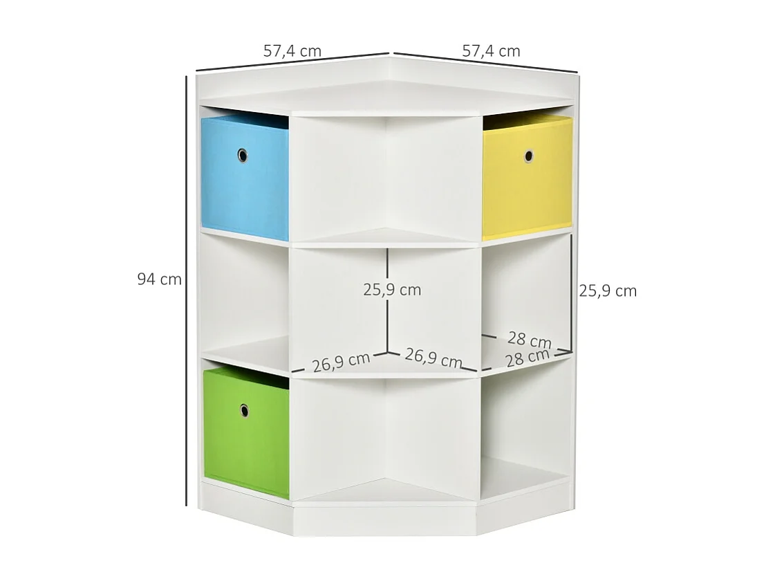 Libreria angolare per bambini con 3 contenitori, MDF, bianca, per bambini dai 3 ai 12 anni (57,4x57,4x94 cm)