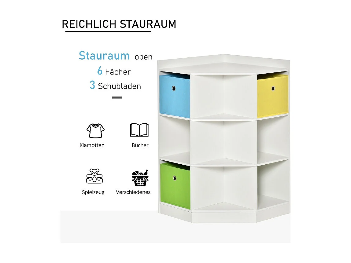 Libreria angolare per bambini con 3 contenitori, MDF, bianca, per bambini dai 3 ai 12 anni (57,4x57,4x94 cm)