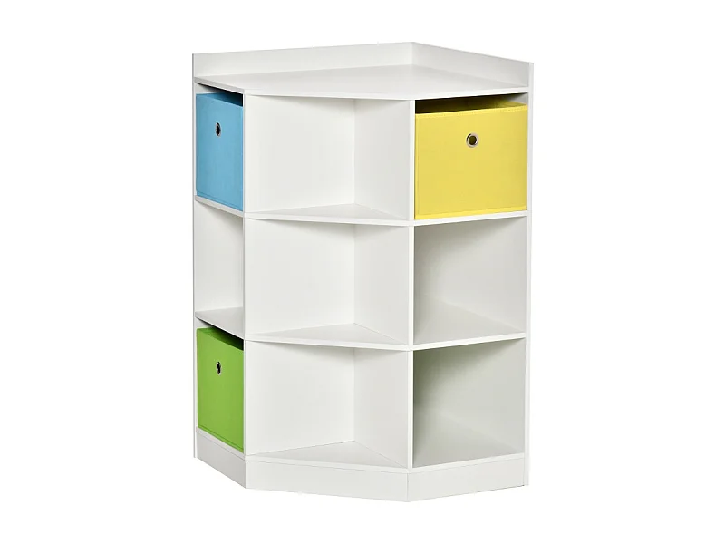 Libreria angolare per bambini con 3 contenitori, MDF, bianca, per bambini dai 3 ai 12 anni (57,4x57,4x94 cm)