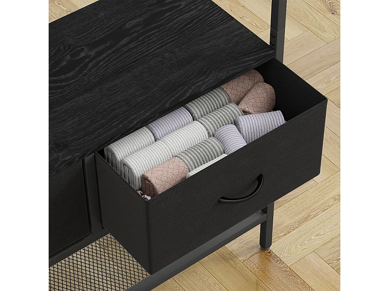 Portant à vêtements avec étagère à chaussures, 8 crochets, 2 tiroirs en tissu, cadre en métal, couleur noire (80x30x180.5 cm)