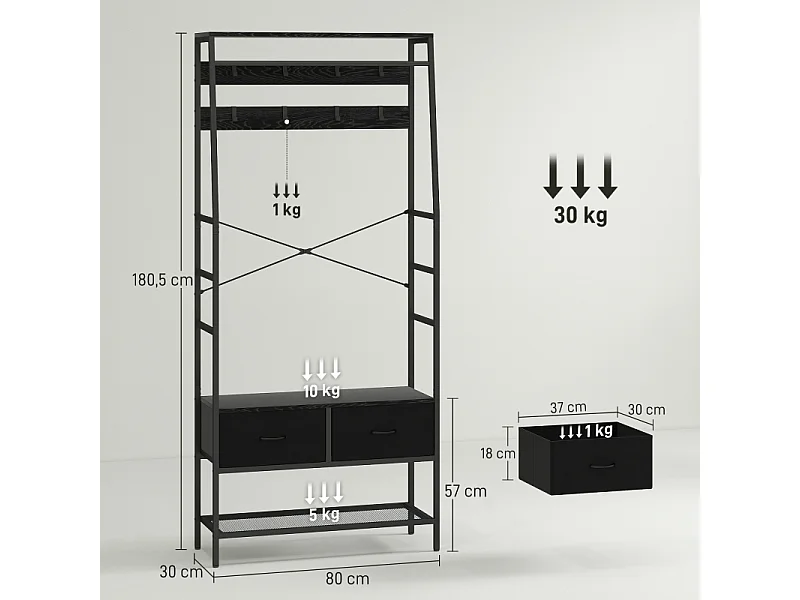 Appendiabiti con scarpiera, 8 ganci, 2 cassetti in tessuto, struttura in metallo, colore nero (80x30x180,5 cm)