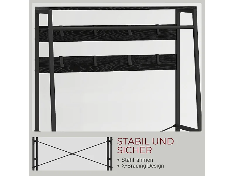Appendiabiti con scarpiera, 8 ganci, 2 cassetti in tessuto, struttura in metallo, colore nero (80x30x180,5 cm)