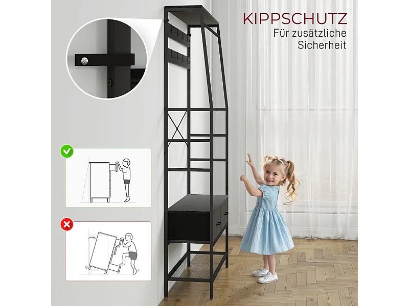 Appendiabiti con scarpiera, 8 ganci, 2 cassetti in tessuto, struttura in metallo, colore nero (80x30x180,5 cm)