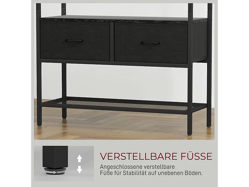 Appendiabiti con scarpiera, 8 ganci, 2 cassetti in tessuto, struttura in metallo, colore nero (80x30x180,5 cm)