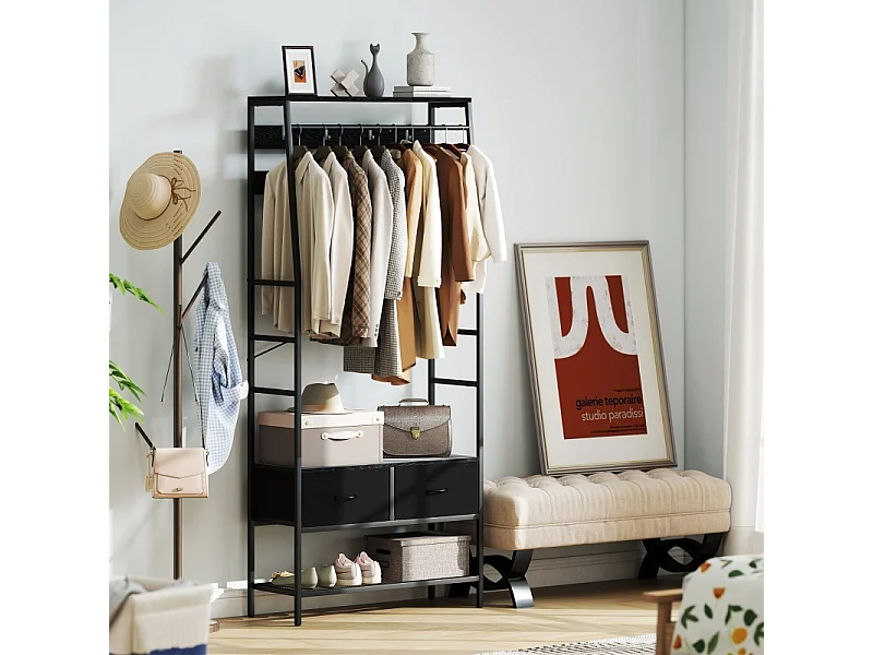 Appendiabiti con scarpiera, 8 ganci, 2 cassetti in tessuto, struttura in metallo, colore nero (80x30x180,5 cm)