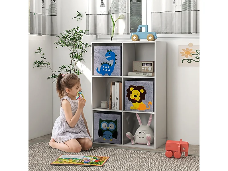 Libreria per bambini con 3 contenitori, ripiani, in MDF, bianco e grigio (61,8x29,9x91,5 cm)