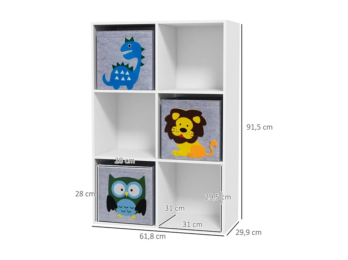 Libreria per bambini con 3 contenitori, ripiani, in MDF, bianco e grigio (61,8x29,9x91,5 cm)
