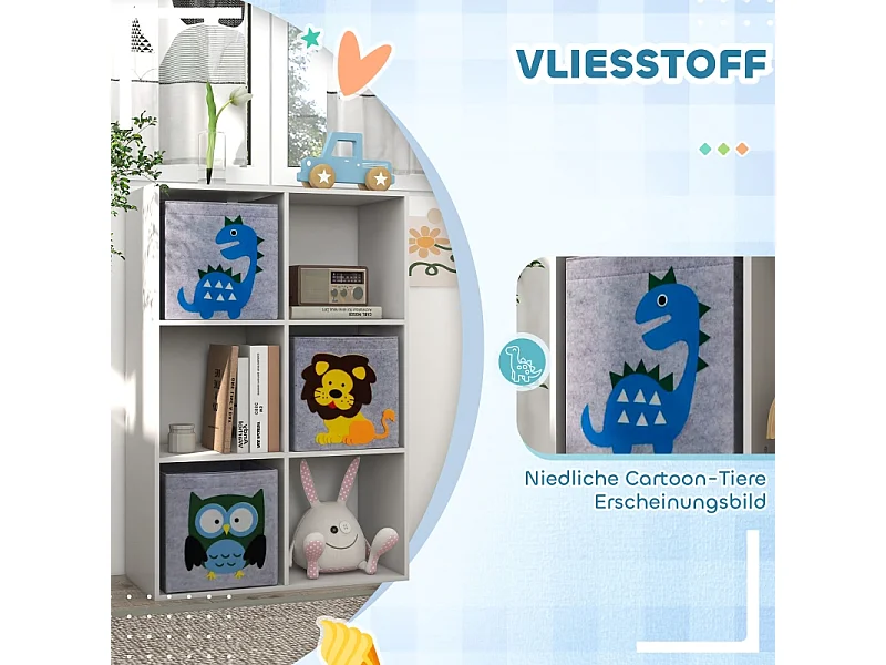 Libreria per bambini con 3 contenitori, ripiani, in MDF, bianco e grigio (61,8x29,9x91,5 cm)