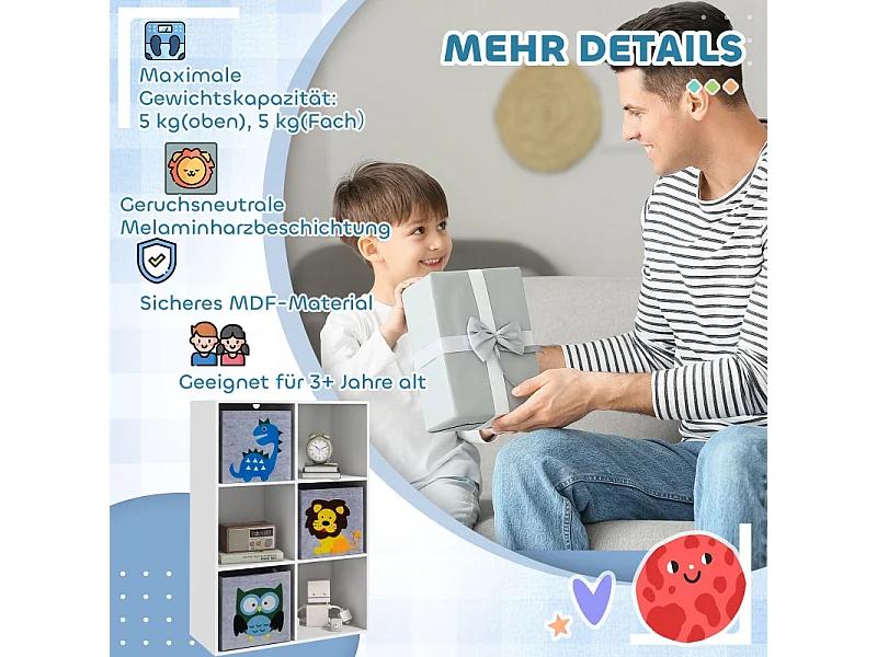 Libreria per bambini con 3 contenitori, ripiani, in MDF, bianco e grigio (61,8x29,9x91,5 cm)