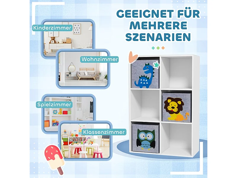 Libreria per bambini con 3 contenitori, ripiani, in MDF, bianco e grigio (61,8x29,9x91,5 cm)