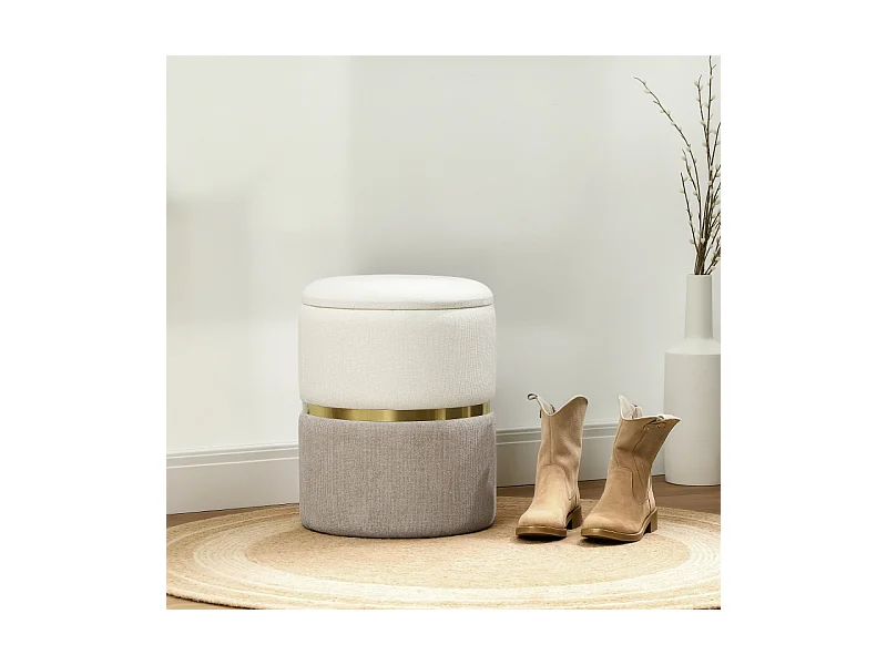 Pouf de rangement, avec couvercle, métal, design bicolore, crème et blanc (36x36x44 cm)