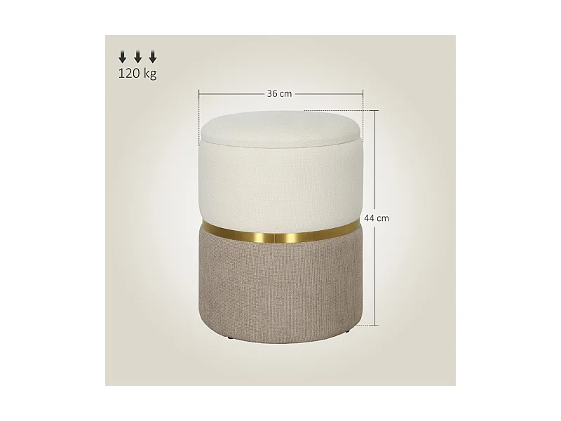 Pouf de rangement, avec couvercle, métal, design bicolore, crème et blanc (36x36x44 cm)