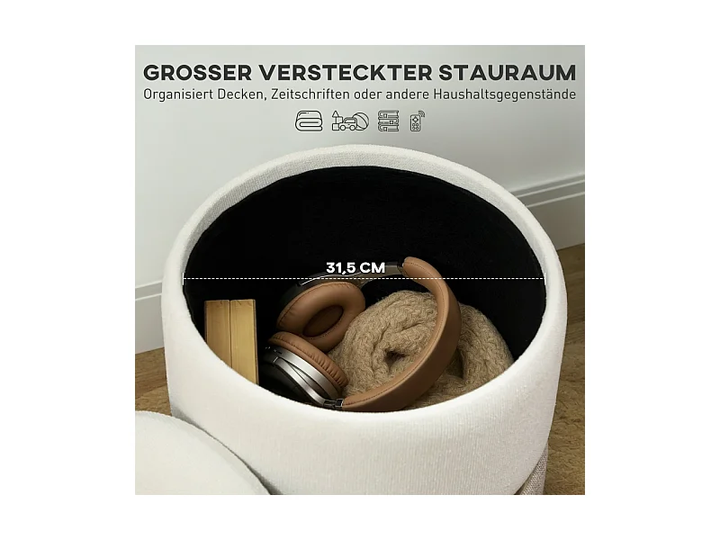 Pouf de rangement, avec couvercle, métal, design bicolore, crème et blanc (36x36x44 cm)