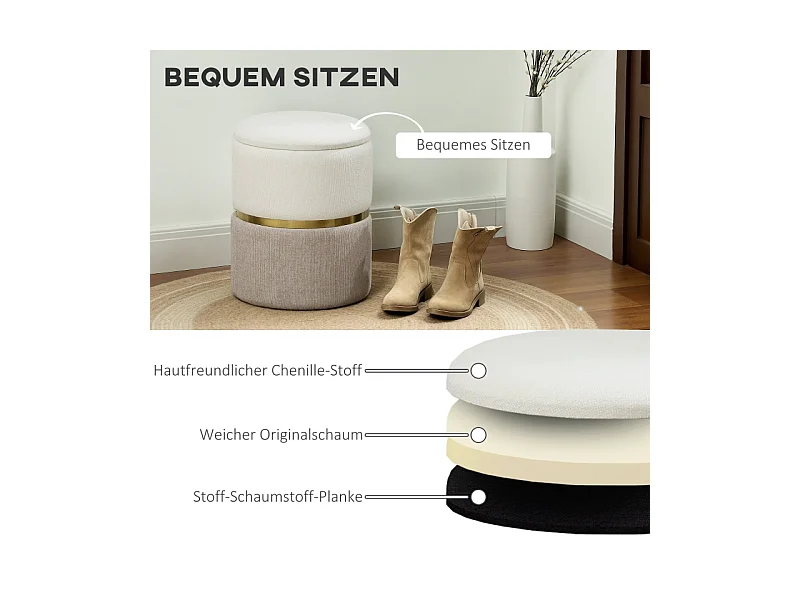 Pouf de rangement, avec couvercle, métal, design bicolore, crème et blanc (36x36x44 cm)